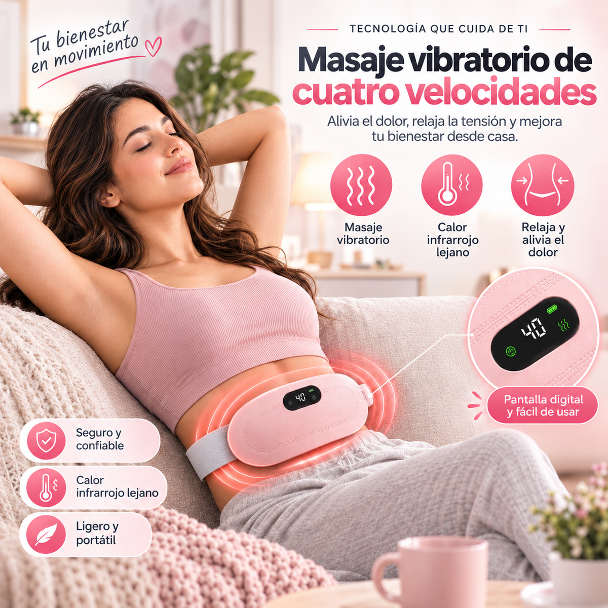 Mujer usando el cinturón térmico Termaluna con masaje en casa